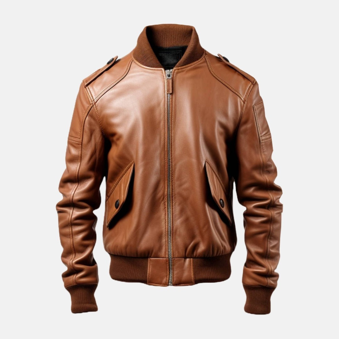 Men's Tan Brown Leather Bomber Jacket with Slanted Flap Pockets, front view