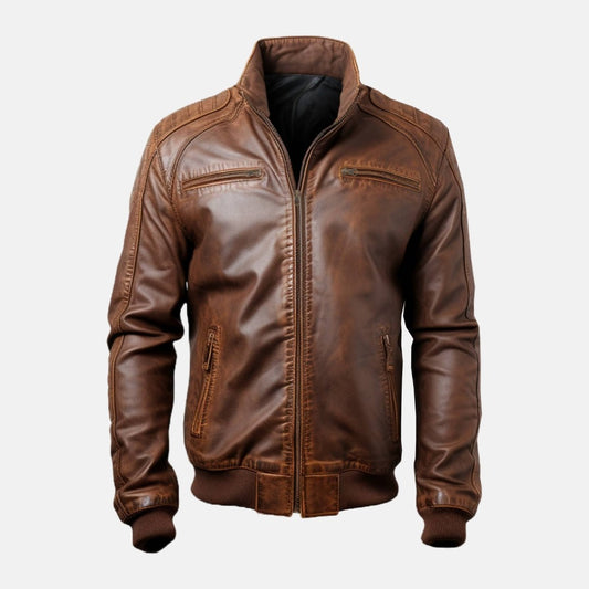 Men's Distressed Brown Leather Bomber Jacket with Stitched Shoulders, front view