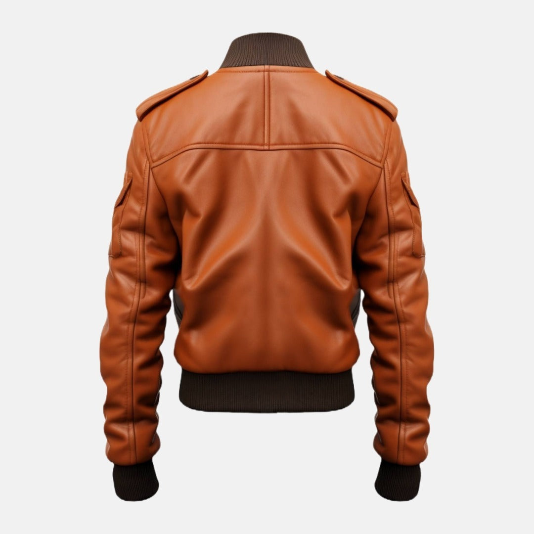 Men's Tan Leather Bomber Jacket with Strap Pockets, back view