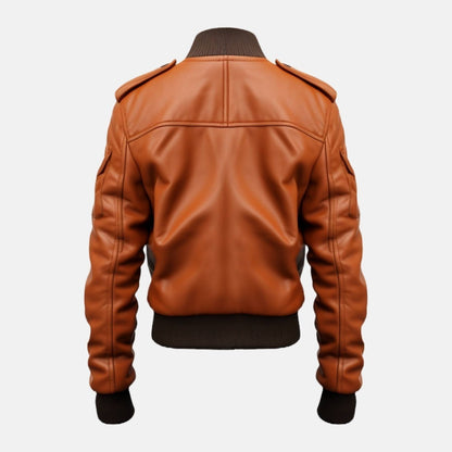Men's Tan Leather Bomber Jacket with Strap Pockets, back view