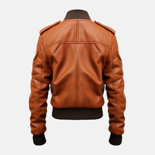Men's Tan Leather Bomber Jacket with Strap Pockets, back view