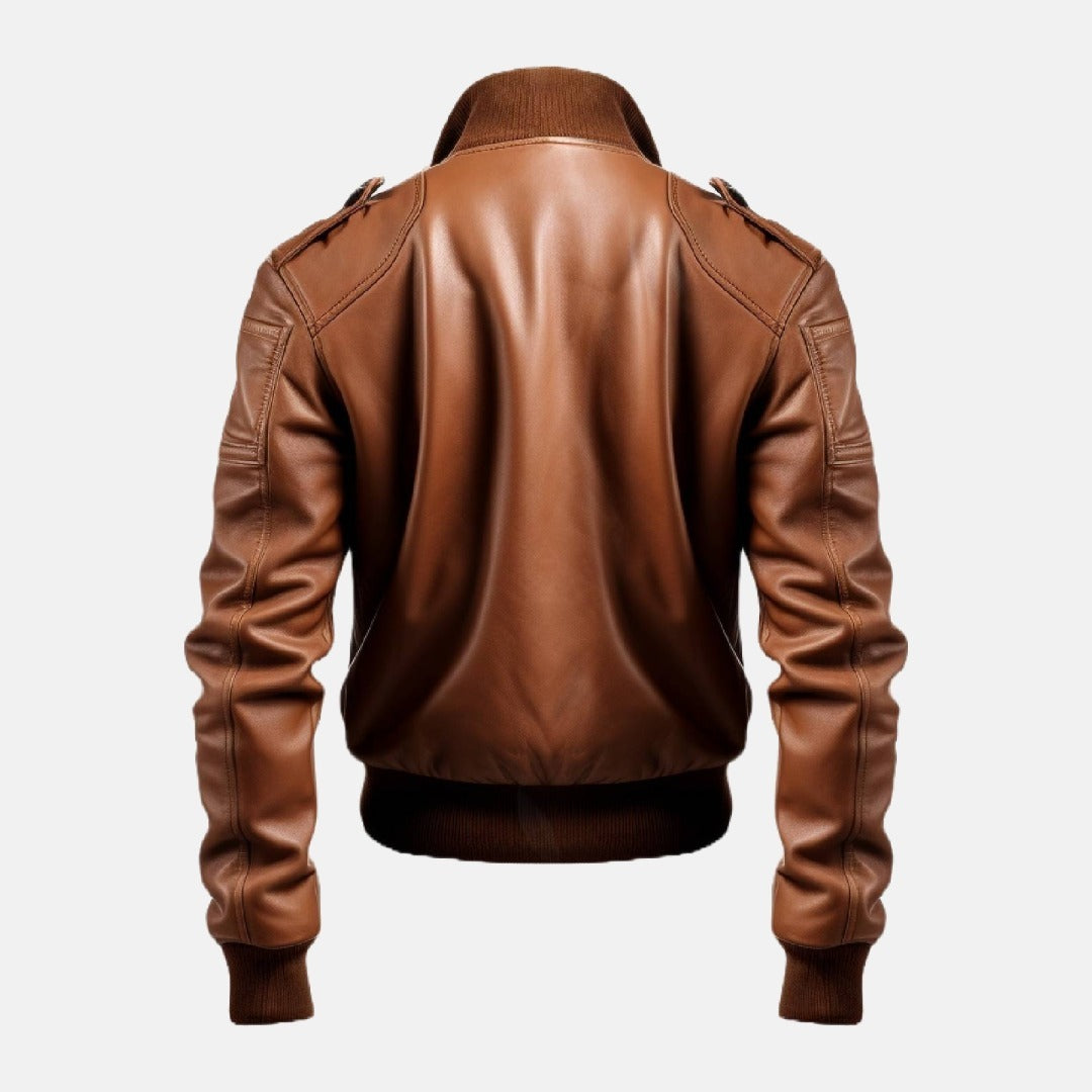 Men's Tan Brown Leather Bomber Jacket with Slanted Flap Pockets, back view