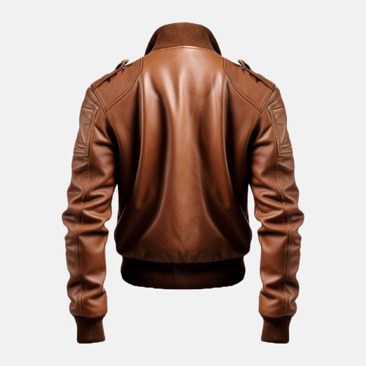 Men's Tan Brown Leather Bomber Jacket with Slanted Flap Pockets, back view