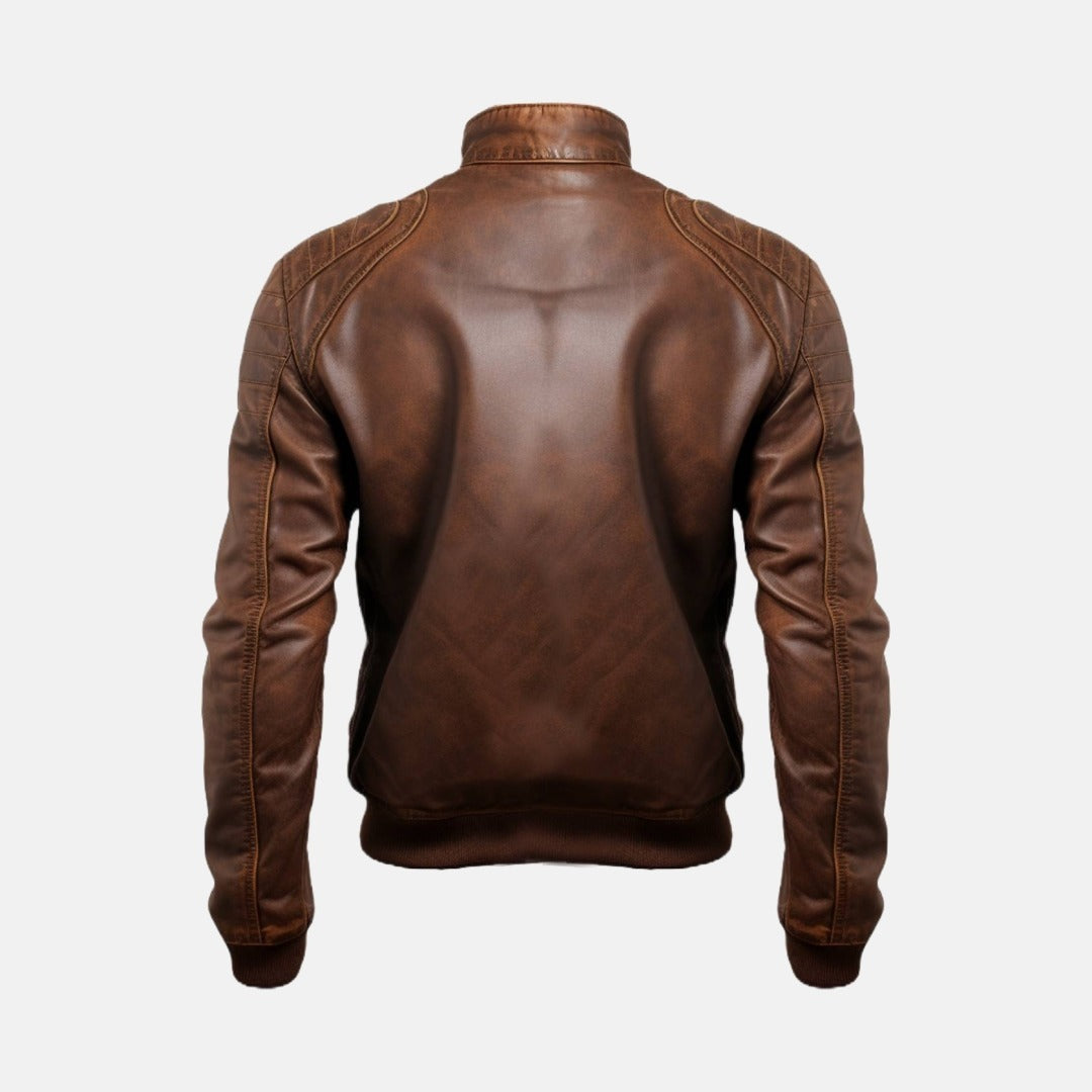 Men's Distressed Brown Leather Bomber Jacket with Stitched Shoulders, back view