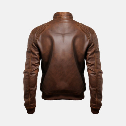 Men's Distressed Brown Leather Bomber Jacket with Stitched Shoulders, back view