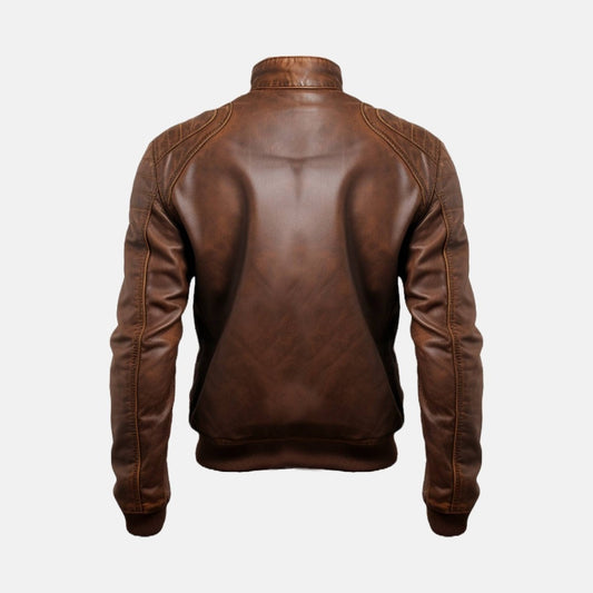 Men's Distressed Brown Leather Bomber Jacket with Stitched Shoulders, back view