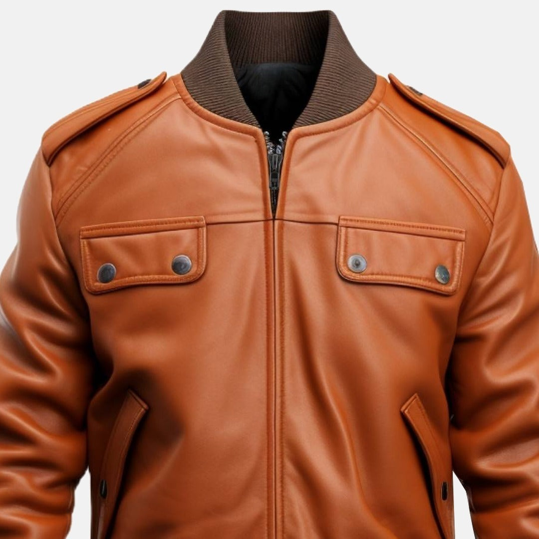 Men's Tan Leather Bomber Jacket with Strap Pockets, close-up of collar and zip
