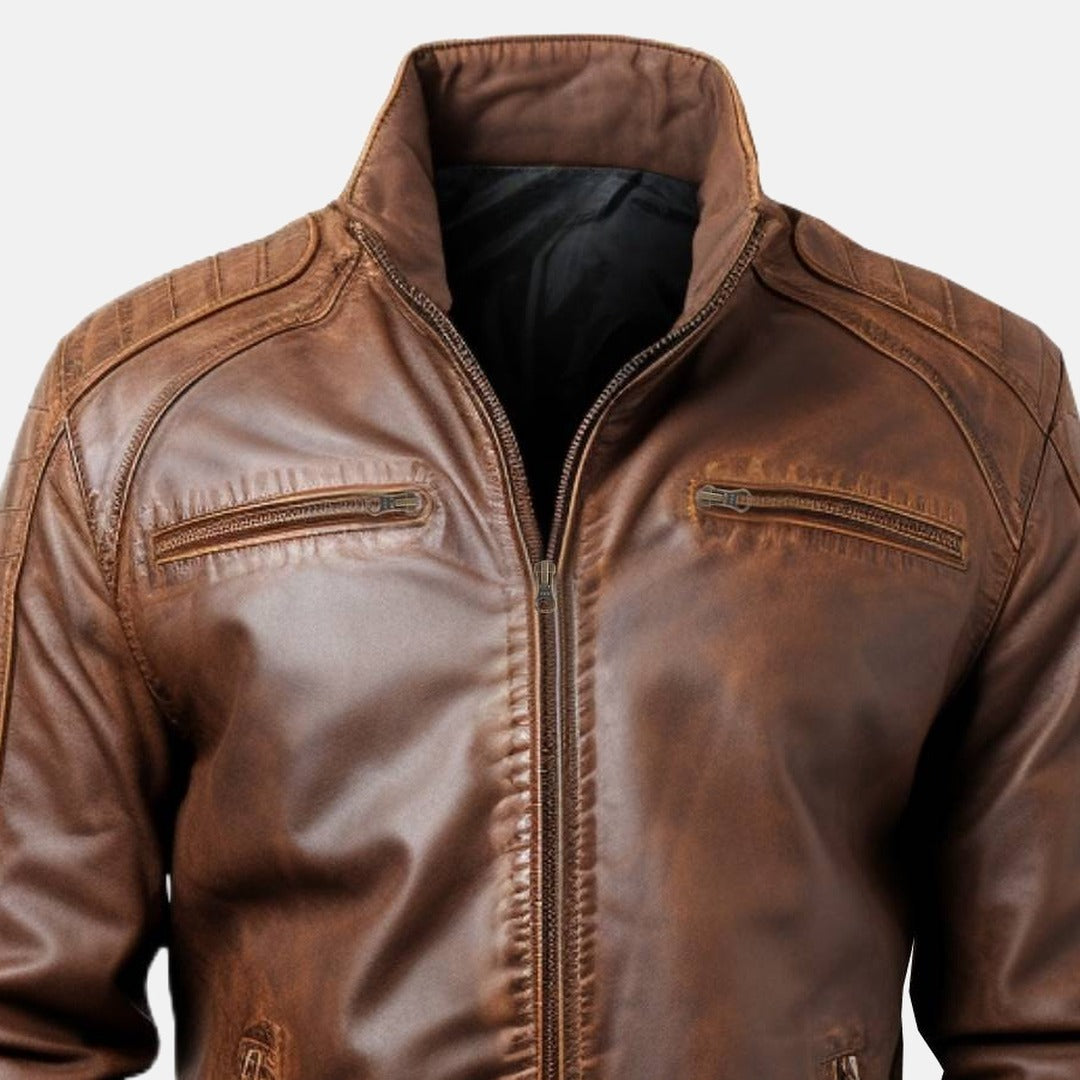 Men's Distressed Brown Leather Bomber Jacket with Stitched Shoulders, close-up of collar and zip