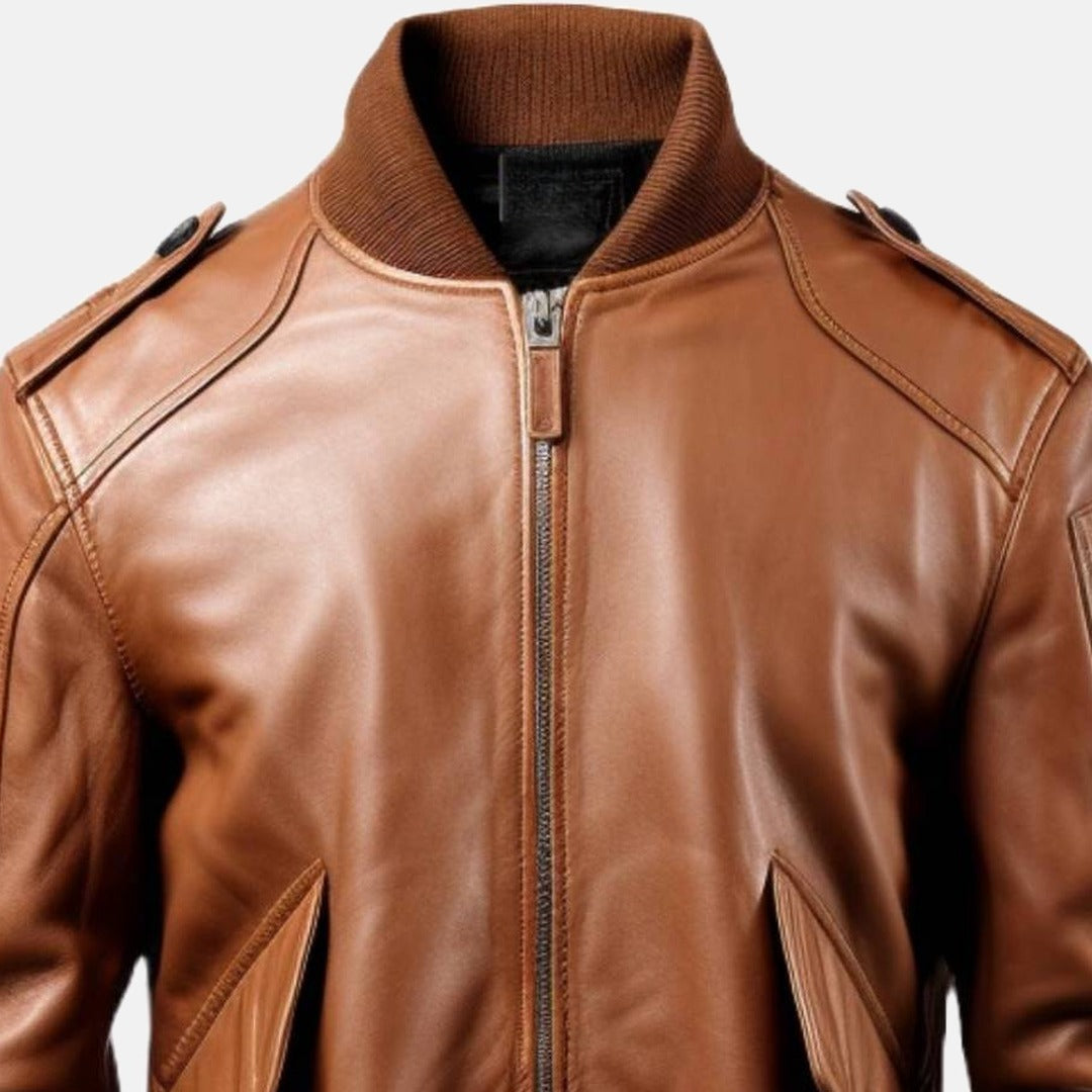 Men's Tan Brown Leather Bomber Jacket with Slanted Flap Pockets, close-up of collar and zip