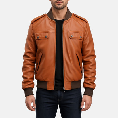 Men's Tan Leather Bomber Jacket with Strap Pockets, front view on model