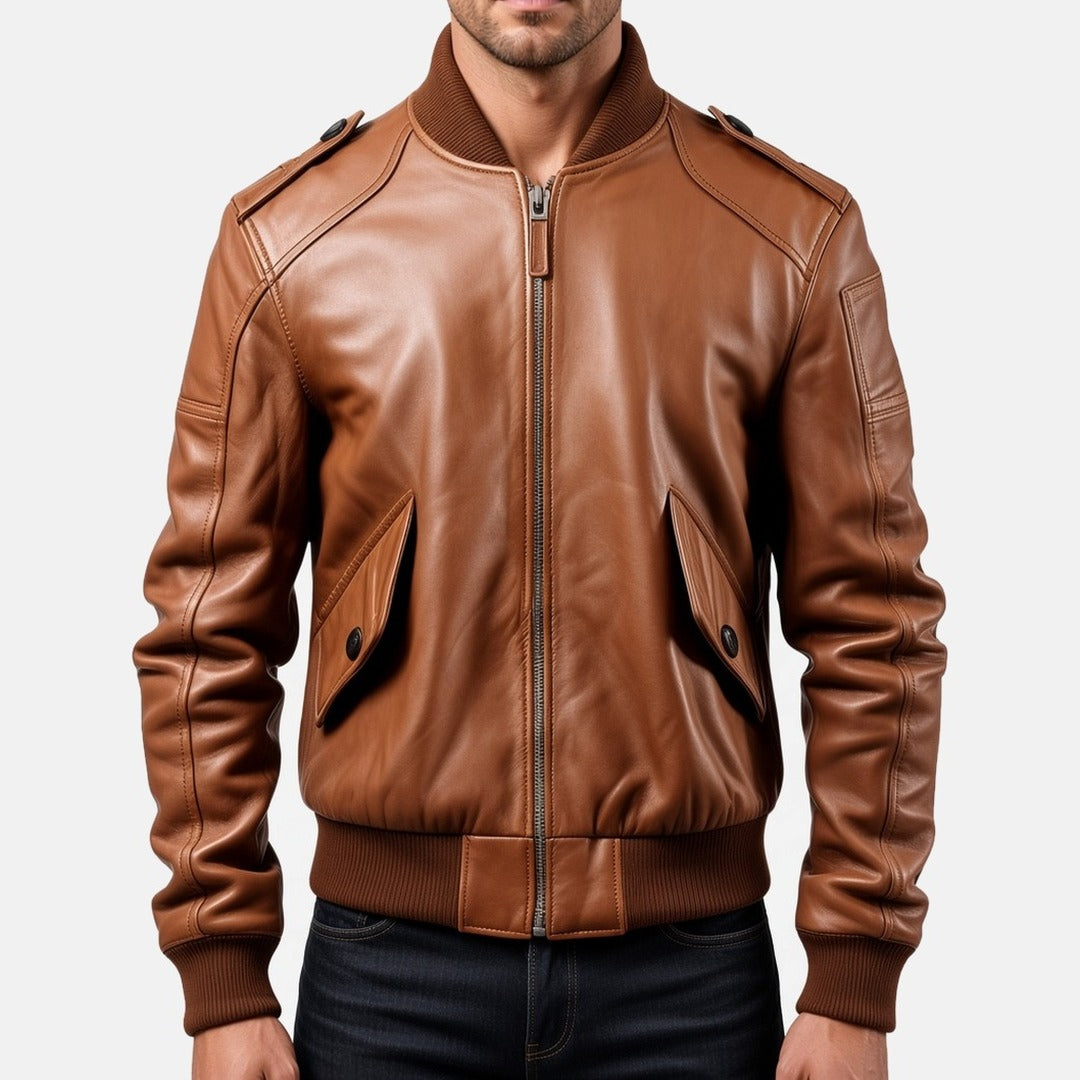 Men's Tan Brown Leather Bomber Jacket with Slanted Flap Pockets, front view on model
