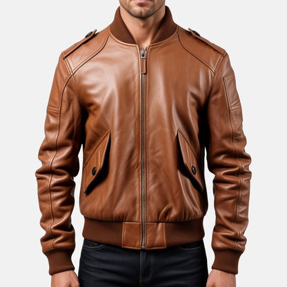 Men's Tan Brown Leather Bomber Jacket with Slanted Flap Pockets, front view on model