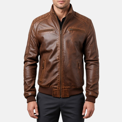 Men's Distressed Brown Leather Bomber Jacket with Stitched Shoulders, front view on model