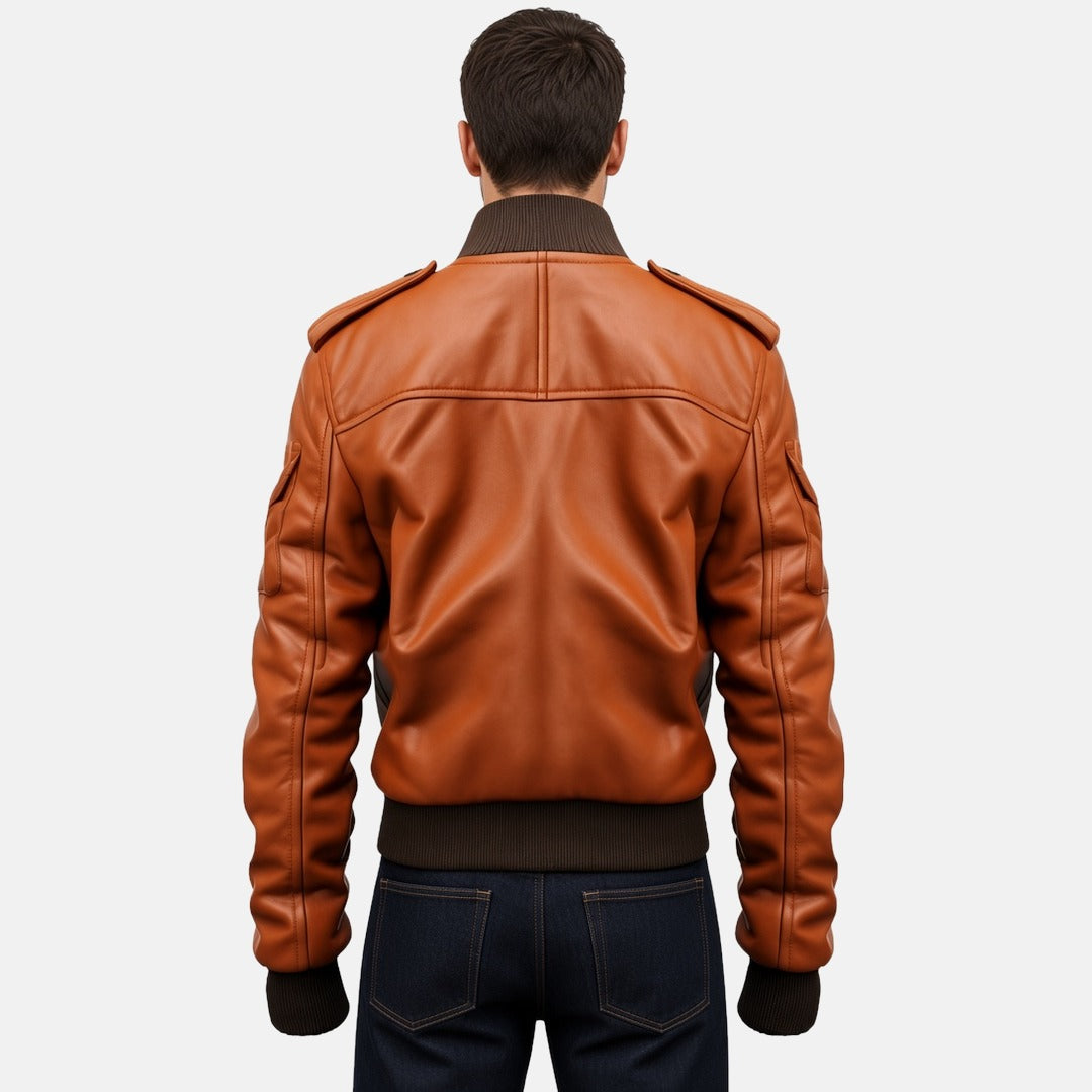 Men's Tan Leather Bomber Jacket with Strap Pockets, back view on model