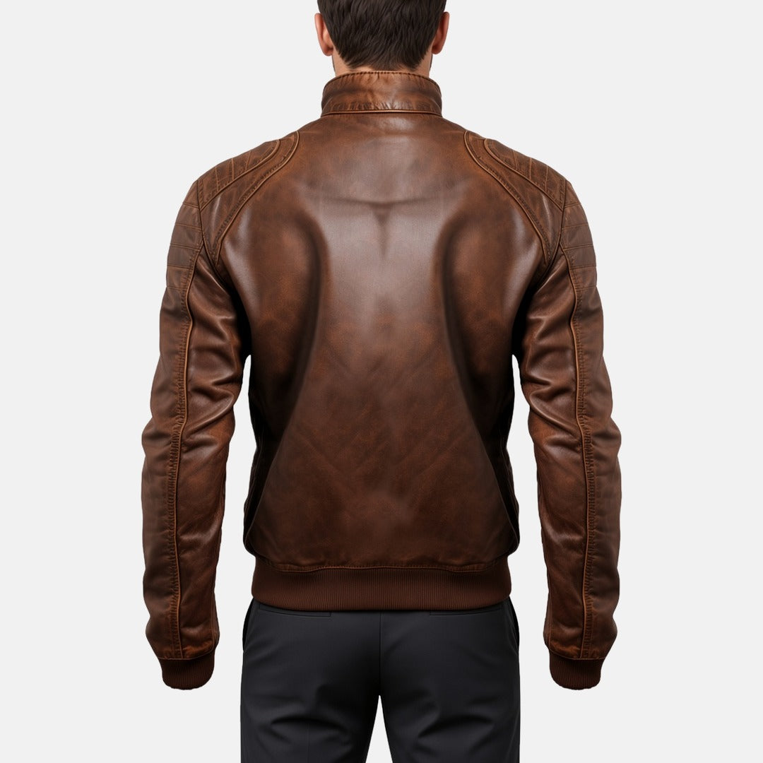 Men's Distressed Brown Leather Bomber Jacket with Stitched Shoulders, back view on model