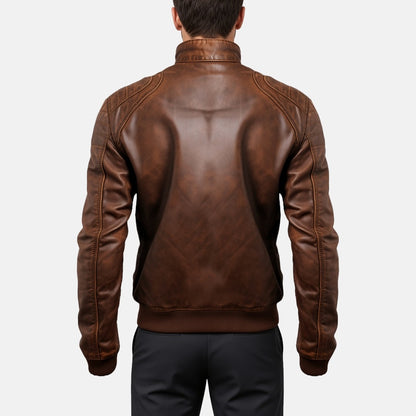 Men's Distressed Brown Leather Bomber Jacket with Stitched Shoulders, back view on model
