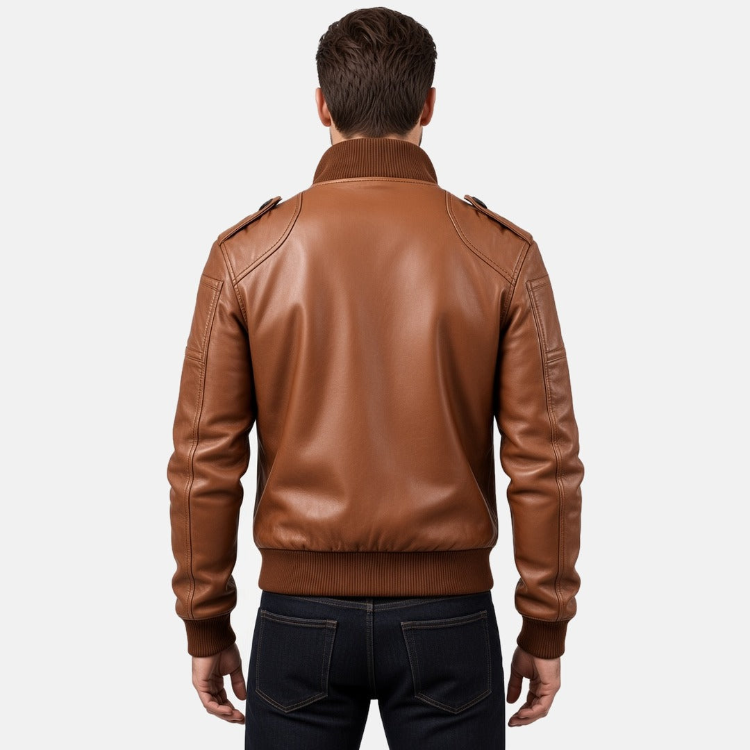Men's Tan Brown Leather Bomber Jacket with Slanted Flap Pockets, back view on model