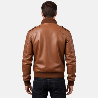 Men's Tan Brown Leather Bomber Jacket with Slanted Flap Pockets, back view on model