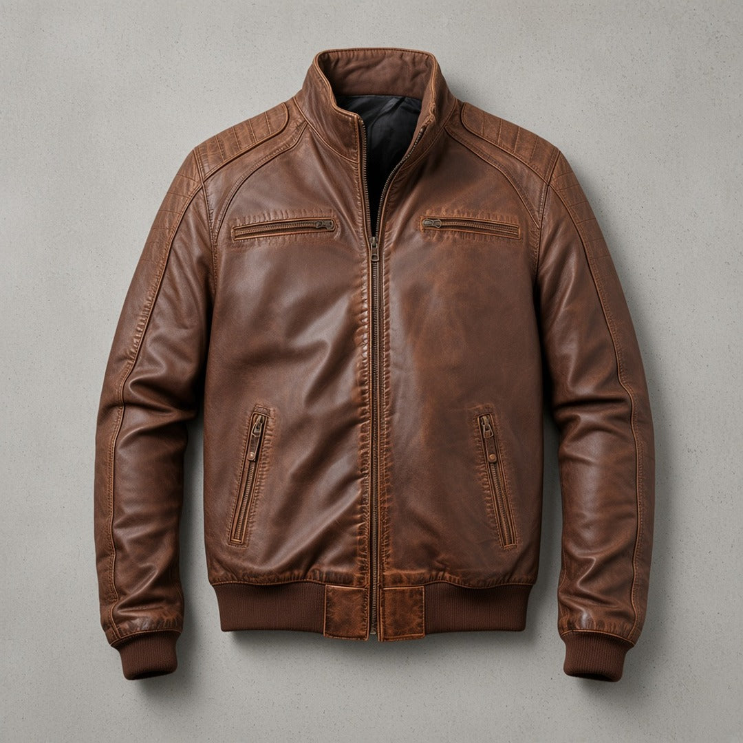 Men's Distressed Brown Leather Bomber Jacket with Stitched Shoulders, flat lay