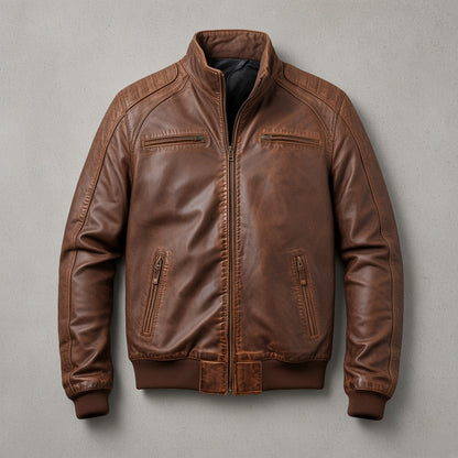 Men's Distressed Brown Leather Bomber Jacket with Stitched Shoulders, flat lay