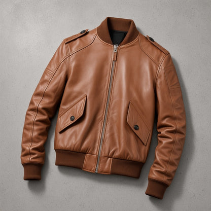 Men's Tan Brown Leather Bomber Jacket with Slanted Flap Pockets, flat lay