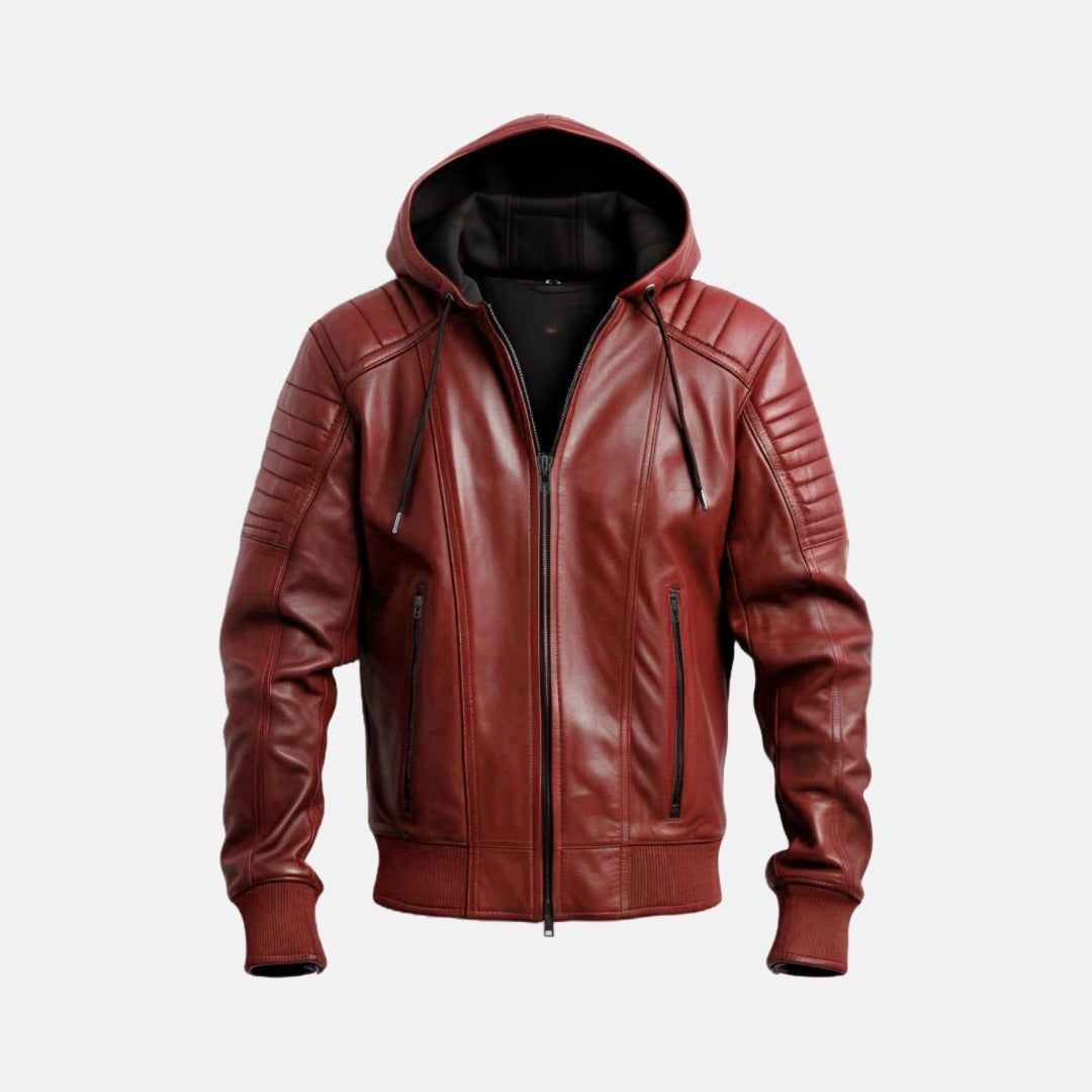 Men's Red Leather Hooded Bomber Jacket with Quilted Sleeves, front view