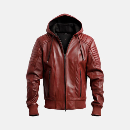 Men's Red Leather Hooded Bomber Jacket with Quilted Sleeves, front view