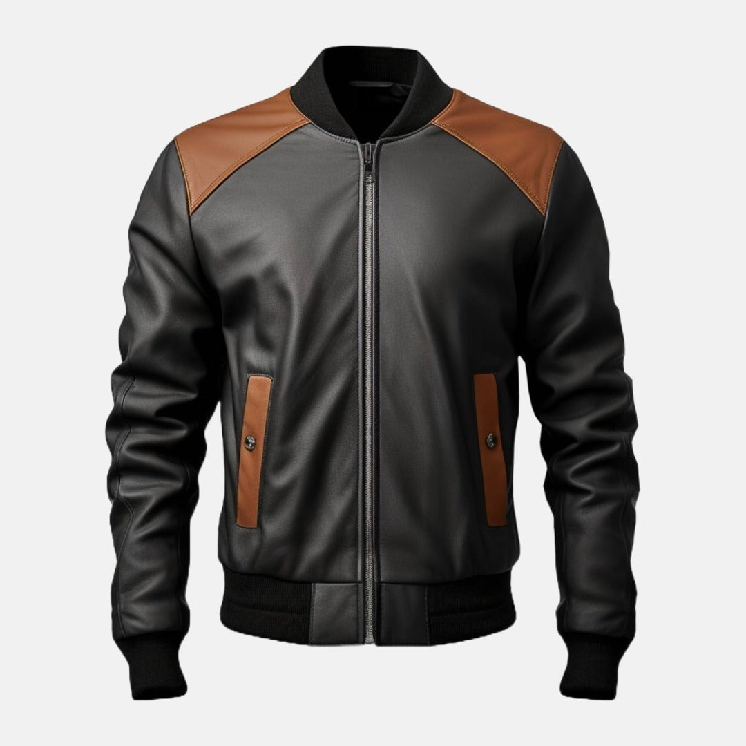 Men's Black and Brown Leather Bomber Jacket with Contrast Shoulders, front view