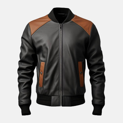 Men's Black and Brown Leather Bomber Jacket with Contrast Shoulders, front view