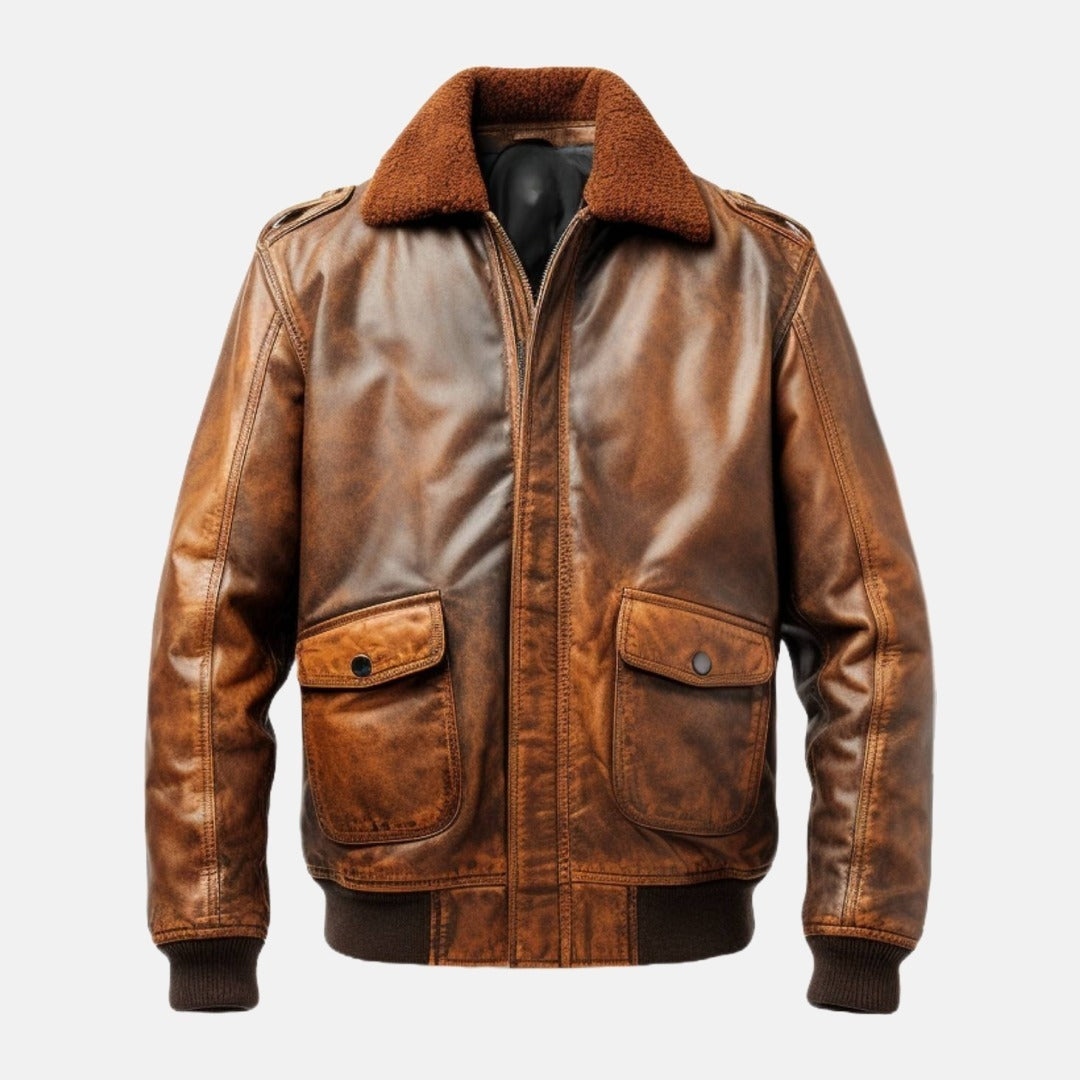 Men's Vintage Brown Leather Aviator Flight Bomber Jacket, front view