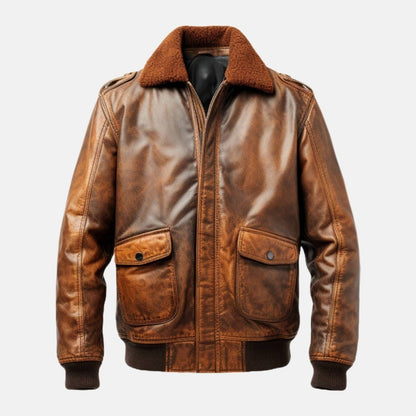 Men's Vintage Brown Leather Aviator Flight Bomber Jacket, front view