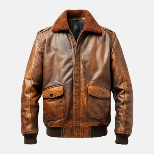 Men's Vintage Brown Leather Aviator Flight Bomber Jacket, front view