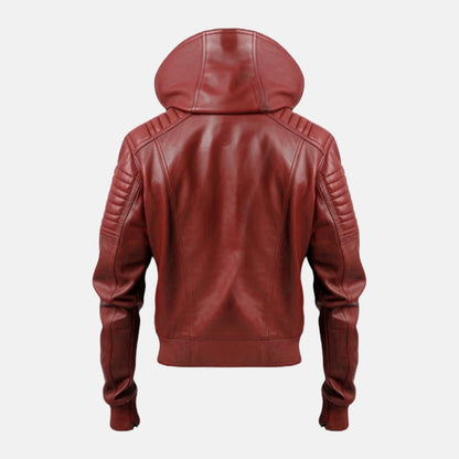 Men's Red Leather Hooded Bomber Jacket with Quilted Sleeves, back view