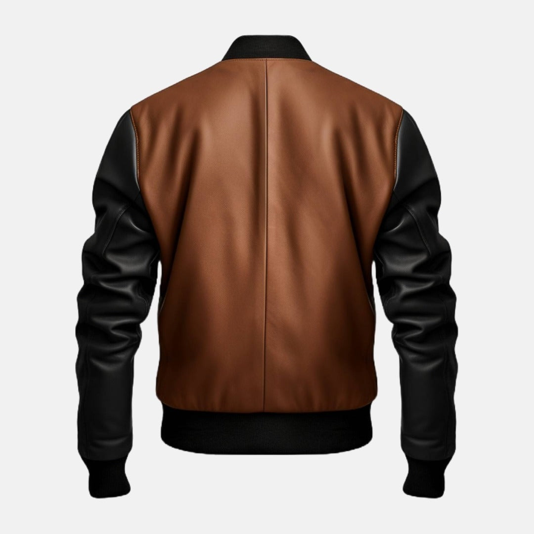 Men's Black and Brown Leather Bomber Jacket with Contrast Shoulders, back view