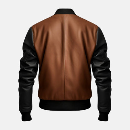 Men's Black and Brown Leather Bomber Jacket with Contrast Shoulders, back view