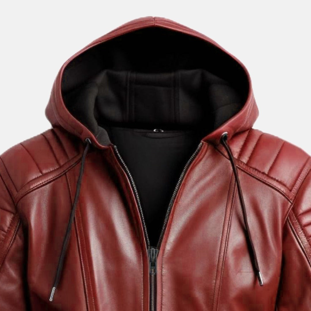 Men's Red Leather Hooded Bomber Jacket with Quilted Sleeves, close-up of collar and zip