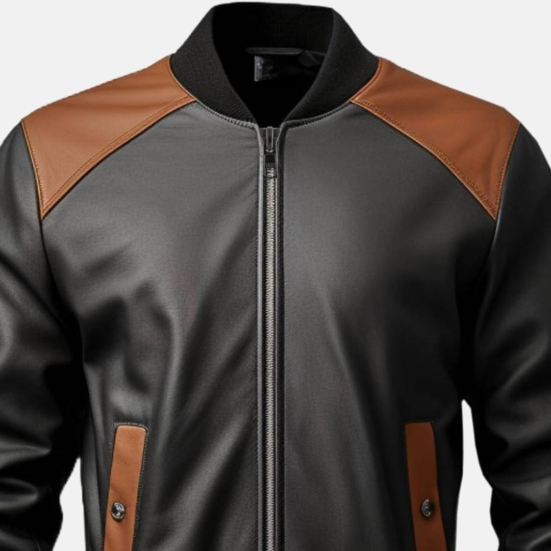Men's Black and Brown Leather Bomber Jacket with Contrast Shoulders, close-up of collar and zip