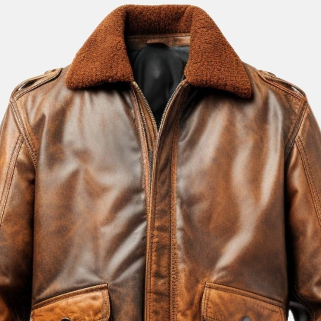 Men's Vintage Brown Leather Aviator Flight Bomber Jacket, close-up of collar and zip