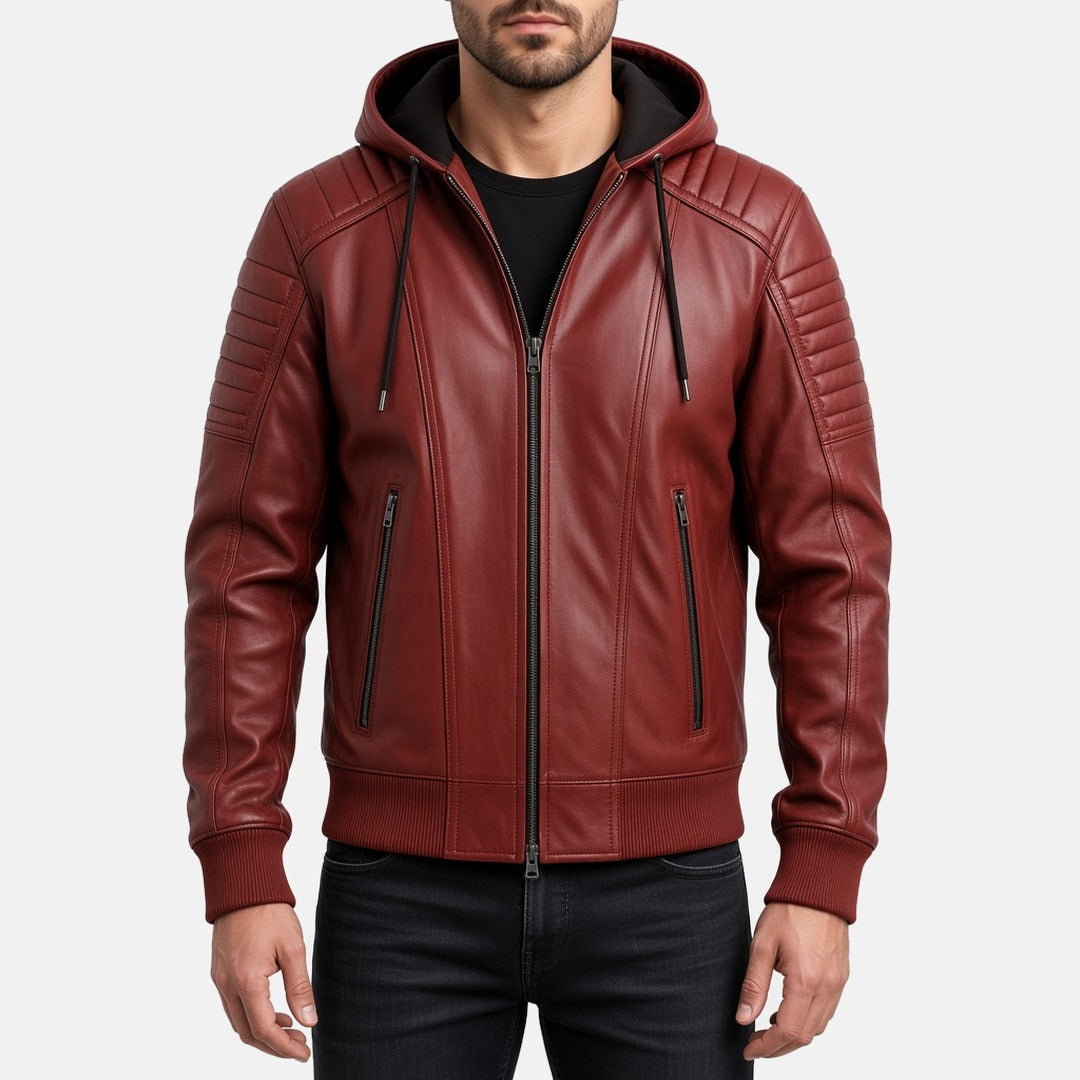 Men's Red Leather Hooded Bomber Jacket with Quilted Sleeves, front view on model