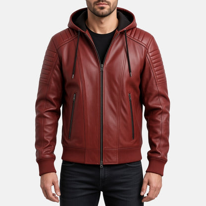 Men's Red Leather Hooded Bomber Jacket with Quilted Sleeves, front view on model