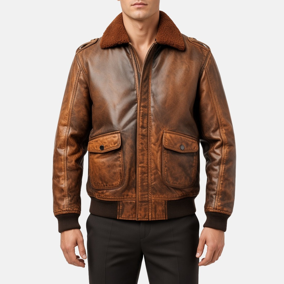 Men's Vintage Brown Leather Aviator Flight Bomber Jacket, front view on model
