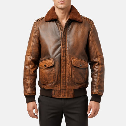 Men's Vintage Brown Leather Aviator Flight Bomber Jacket, front view on model