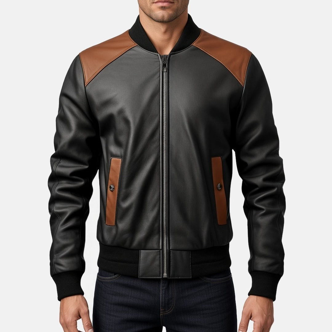 Men's Black and Brown Leather Bomber Jacket with Contrast Shoulders, front view on model