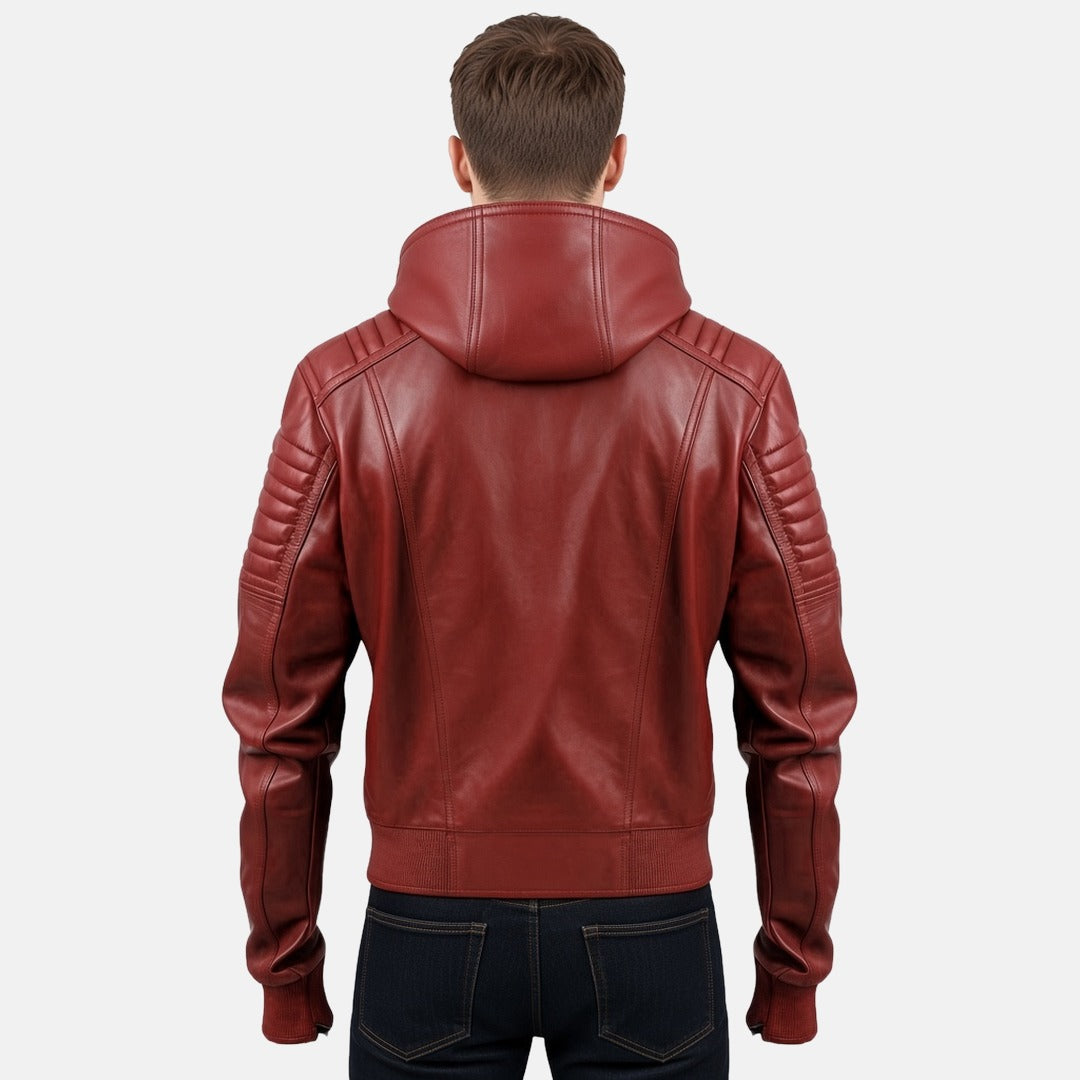 Men's Red Leather Hooded Bomber Jacket with Quilted Sleeves, back view on model