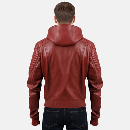 Men's Red Leather Hooded Bomber Jacket with Quilted Sleeves, back view on model