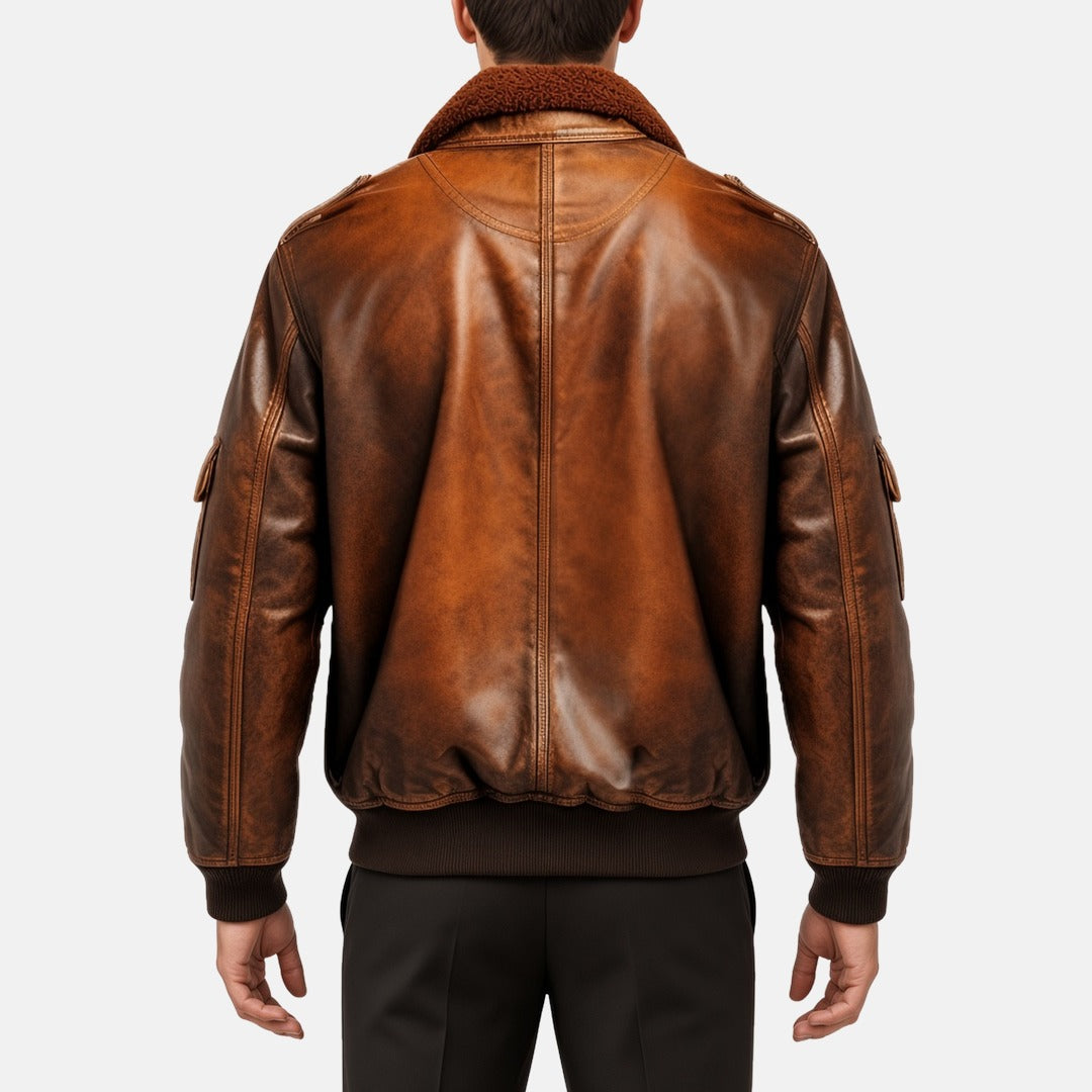 Men's Vintage Brown Leather Aviator Flight Bomber Jacket, back view on model