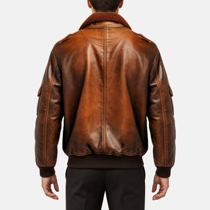 Men's Vintage Brown Leather Aviator Flight Bomber Jacket, back view on model