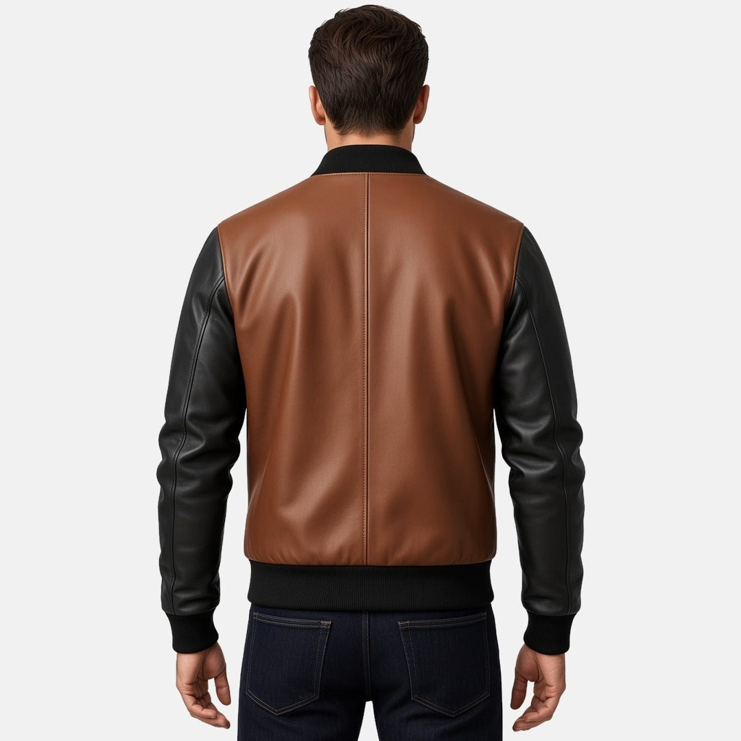Men's Black and Brown Leather Bomber Jacket with Contrast Shoulders, back view on model