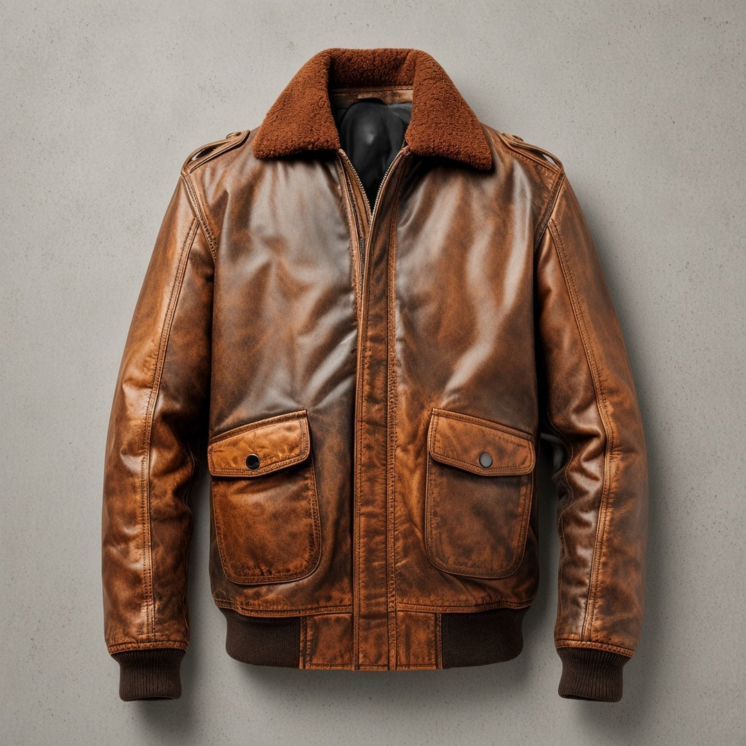 Men's Vintage Brown Leather Aviator Flight Bomber Jacket, flat lay