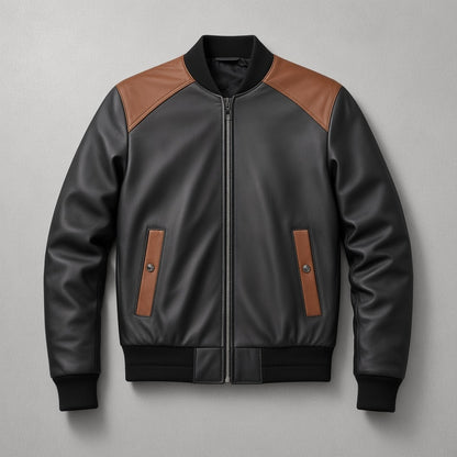 Men's Black and Brown Leather Bomber Jacket with Contrast Shoulders, flat lay